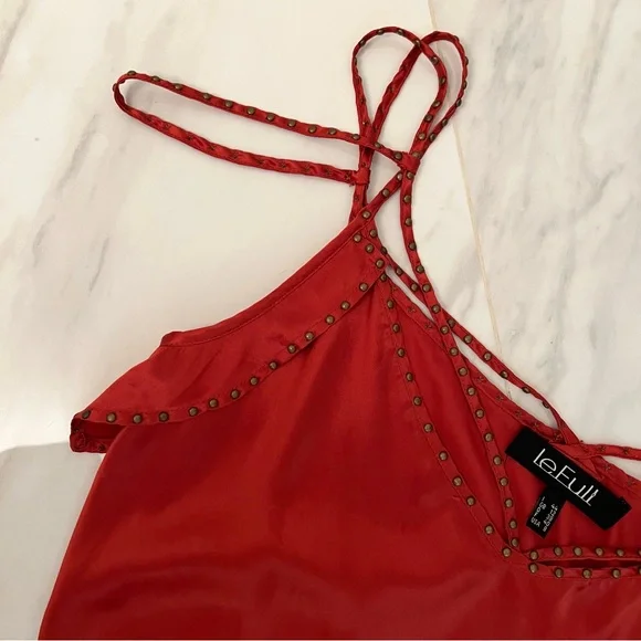 Le Full 100% Silk Dress, Made In Italy, Multi strap with Copper Mini Stud W Slit